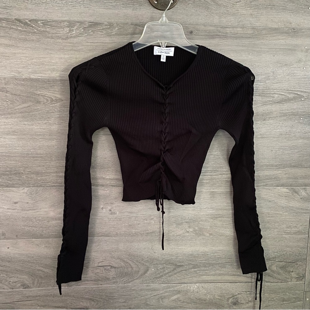 & Other Stories Black Ribbed Lace-Up Long Sleeve Top